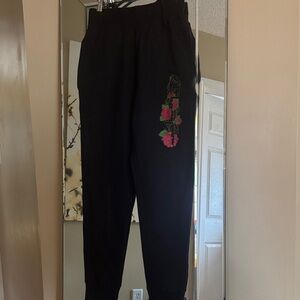 Black Joggers with Pink Floral Design